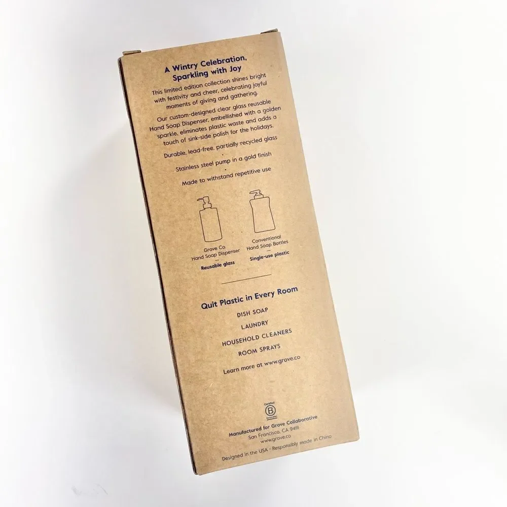 Grove collaborative sparks of Joy hand soap dispenser clear gold 13.5